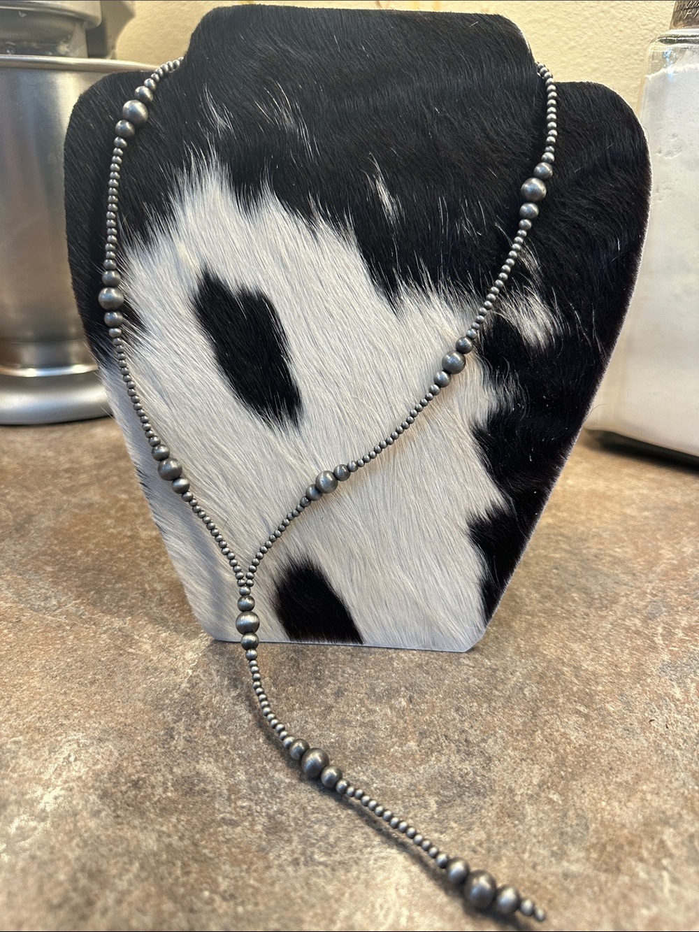 Long Beaded Lariat Necklace in Matte Silver-Tone